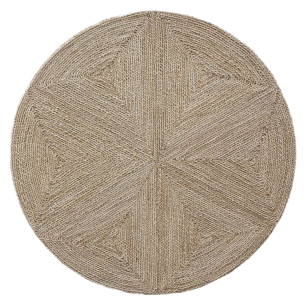 Kayu Living 100cm round seagrass pouf with a textured woven star pattern in natural beige, handcrafted in Vietnam.
