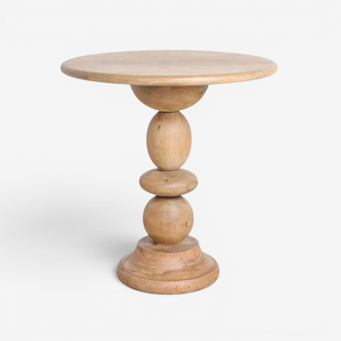 Kayu Living round teak bistro table with a unique stacked wooden base, perfect for balconies or gardens.