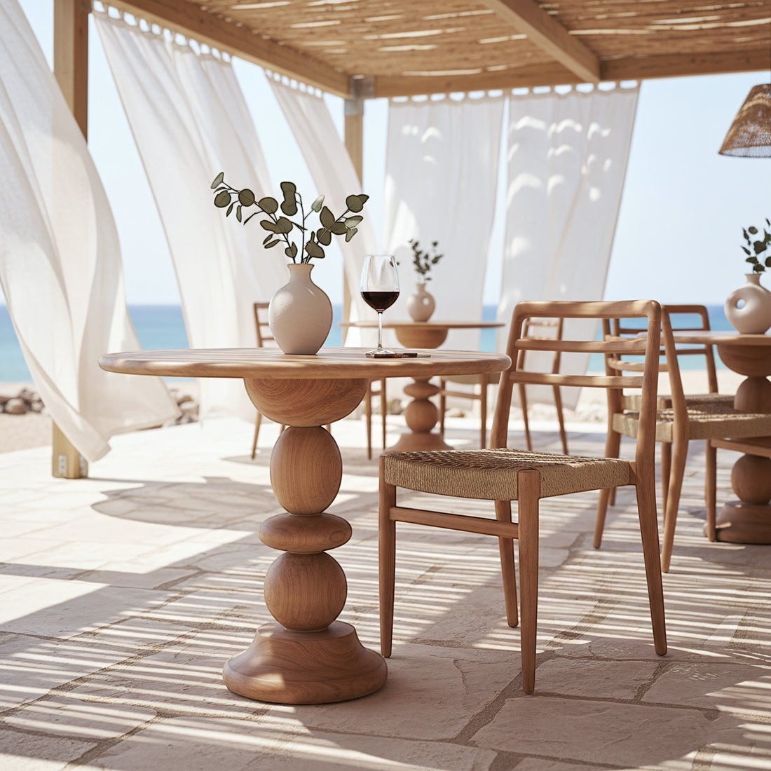 Kayu Living round teak bistro table with a sculptural rounded base on a sunny outdoor terrace by the sea.