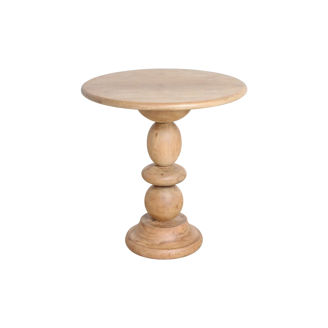 Kayu Living round teak bistro table with a unique stacked spherical base, perfect for balconies or garden patios.