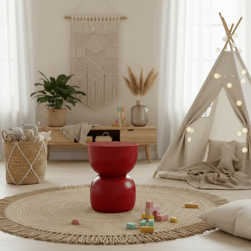 Kayu Living 1/2 cupped stool in royal red suar wood, a modern accent piece.