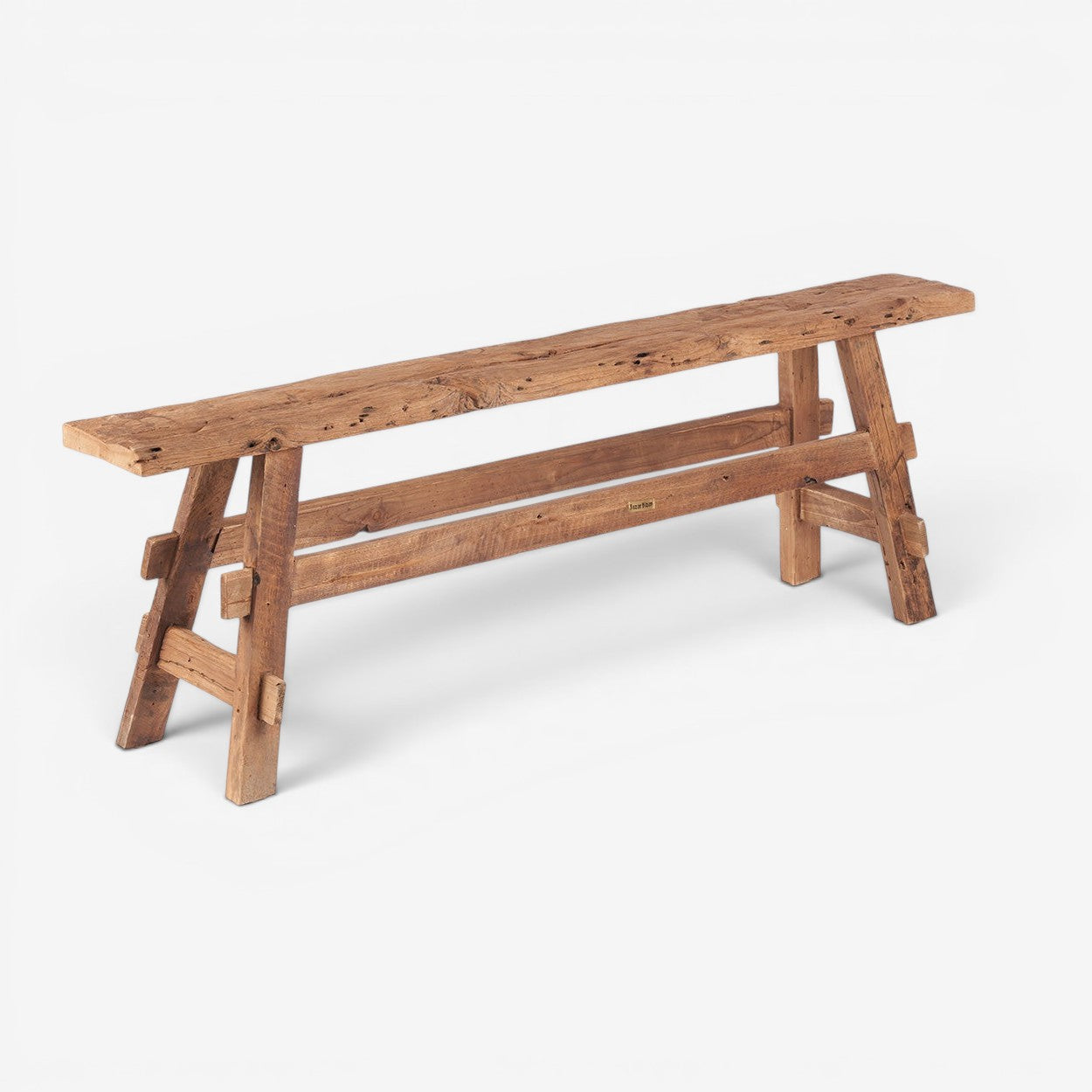 Kayu Living handcrafted solid Indonesian teak rustic bench with natural wood grain finish and sturdy trestle design.