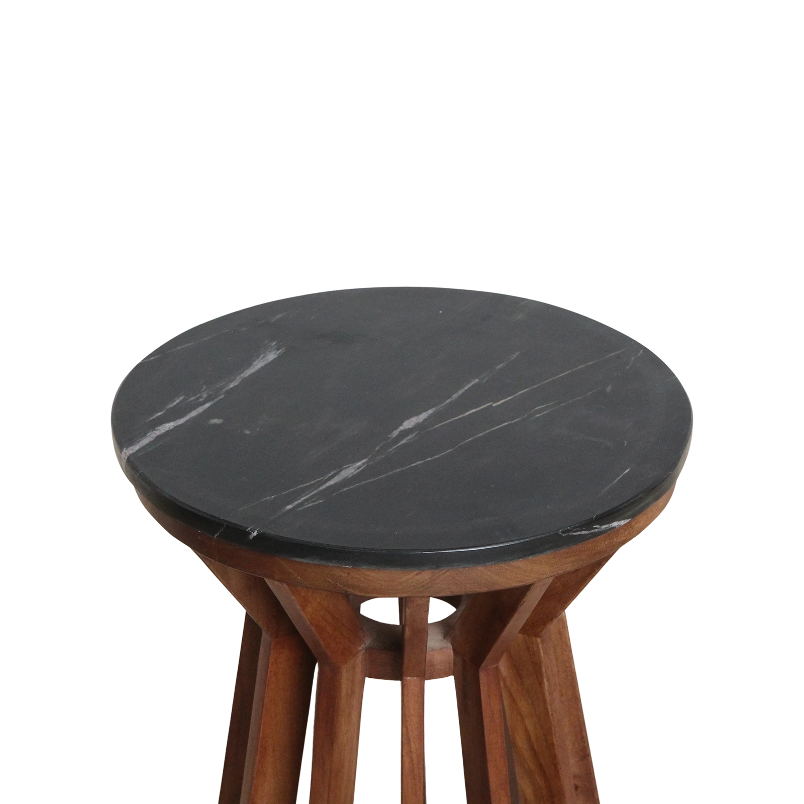 Kayu Living Sabah side table with a round black marble top and a dark mango-wood spoked base.