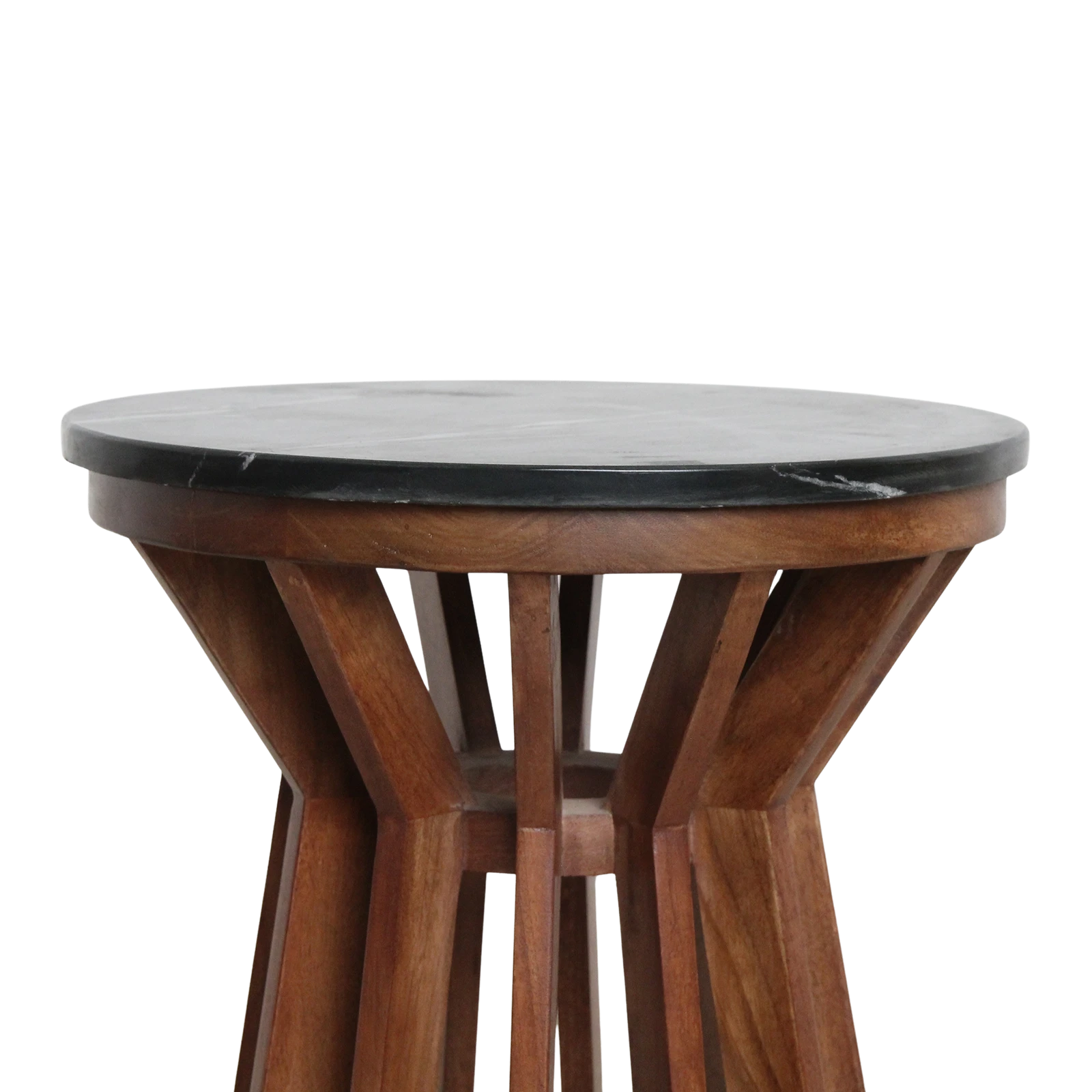 Kayu Living Sabah side table with a round black marble top and a dark mango-wood spoked base.