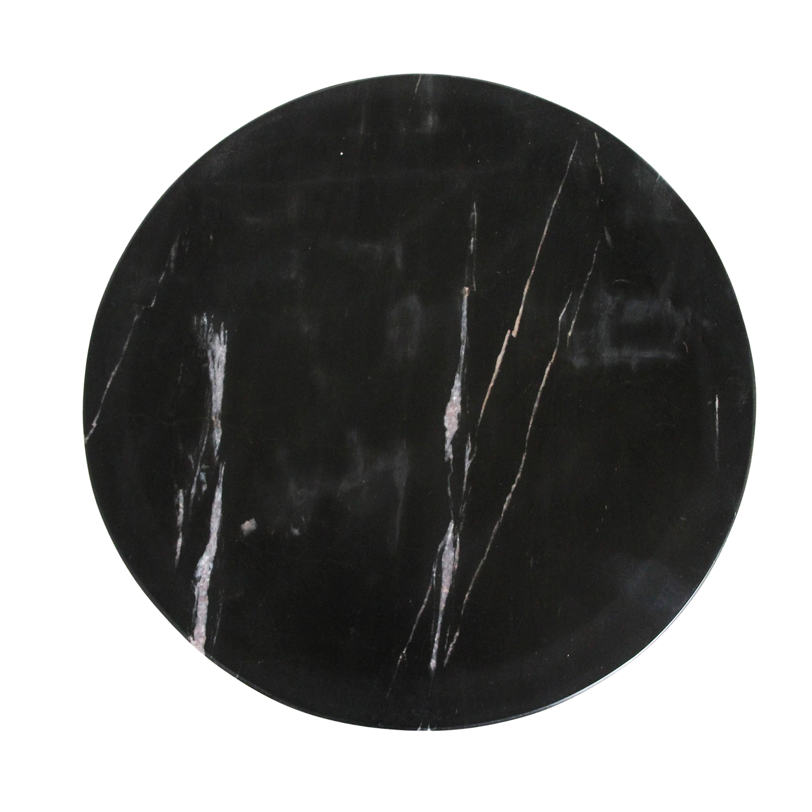 Kayu Living Sabah round black marble side table top with white veining viewed from directly above
