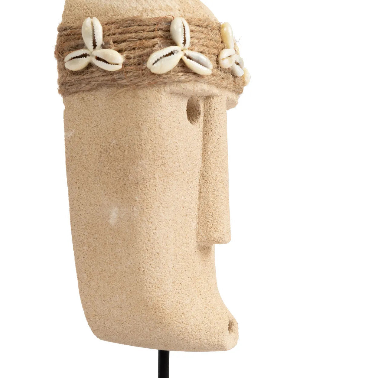 Kayu Living hand-carved sandstone Sumba stone figure with shell and jute rope detail on a black stand