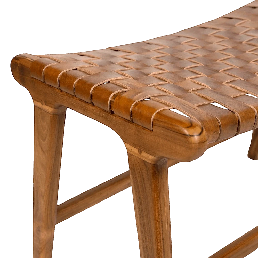 Kayu Living Sanur footstool with handwoven camel leather seat and solid teak wood frame.