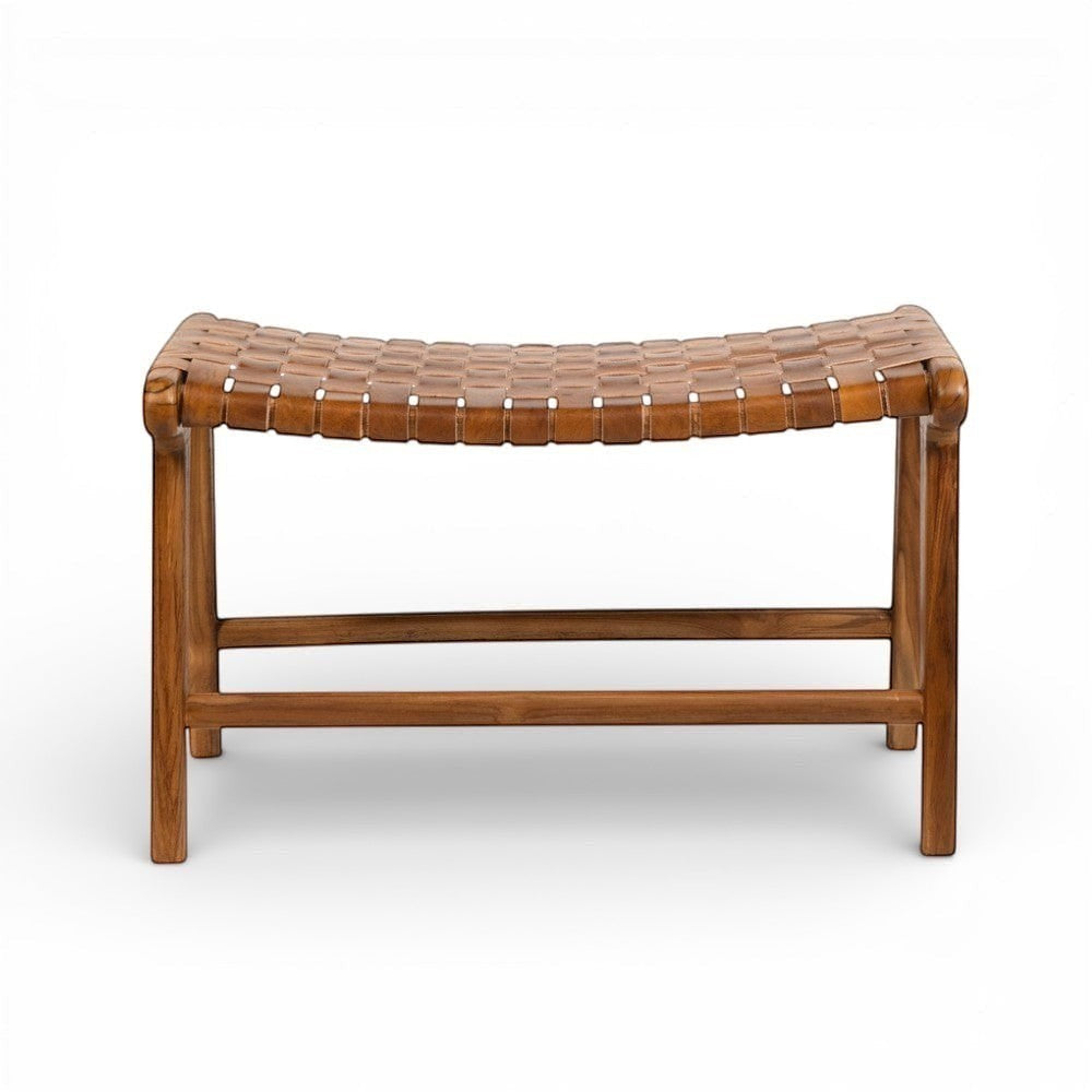 Kayu Living Sanur footstool in camel woven leather and solid teak wood. Versatile as a footrest, extra seating, or accent piece.
