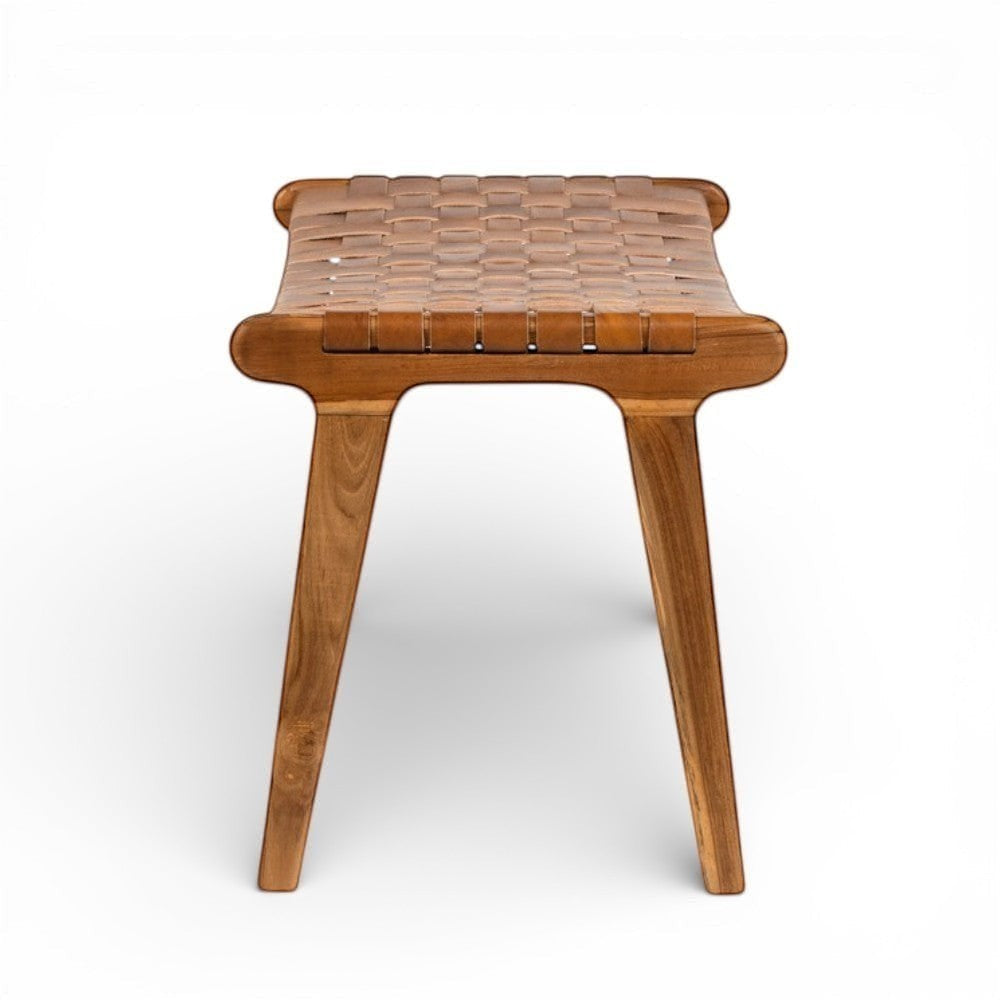 Kayu Living Sanur footstool in camel woven leather and solid teak wood. Modern design, perfect as a footrest or extra seating.