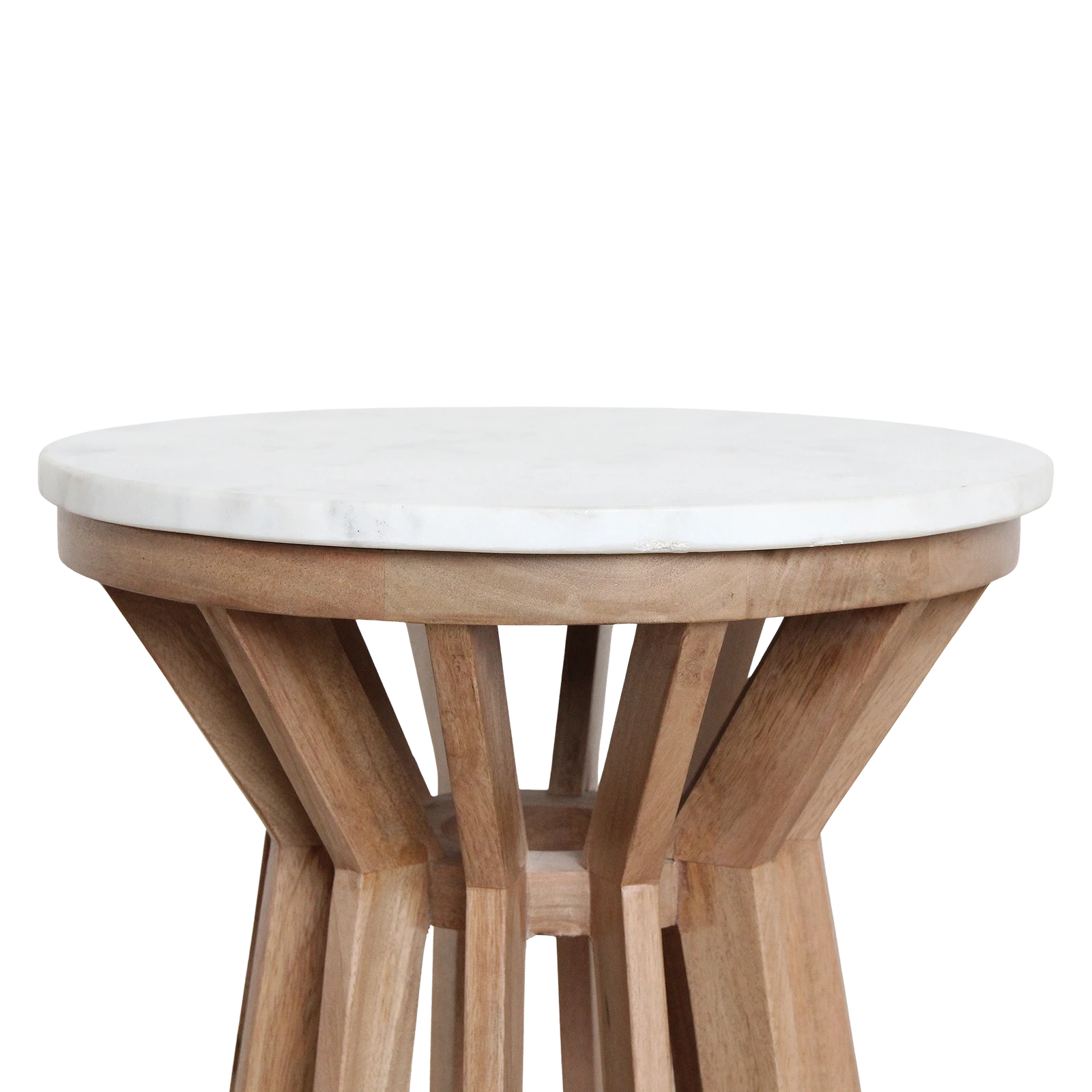 Kayu Living Sarawak round side table with a white marble top and a natural mango wood open base