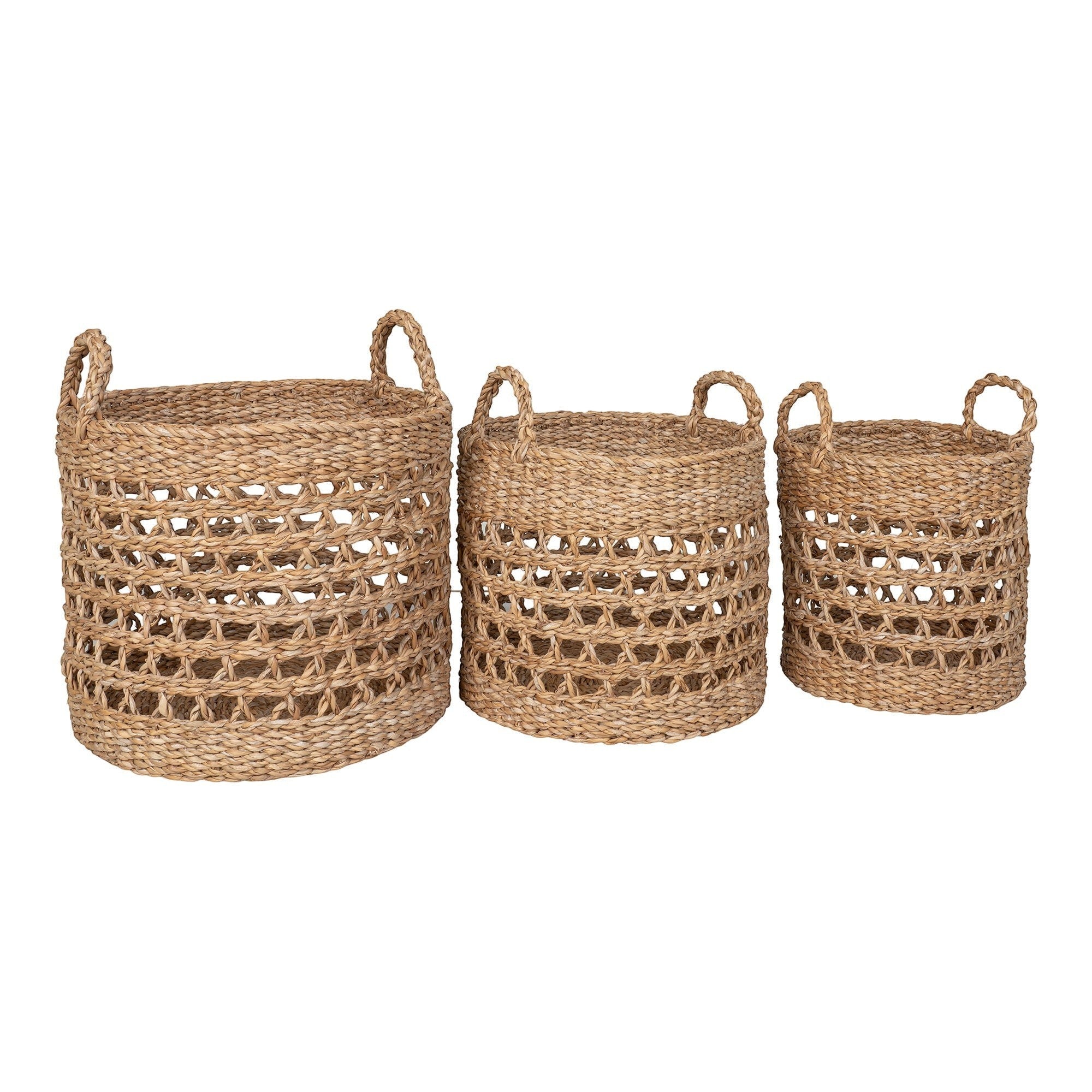 Kayu Living set of three natural seagrass baskets with woven lattice design and sturdy handles