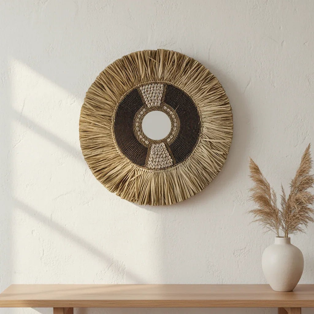 Kayu Living gold beaded shell and seagrass round mirror decor with a coastal boho vibe.