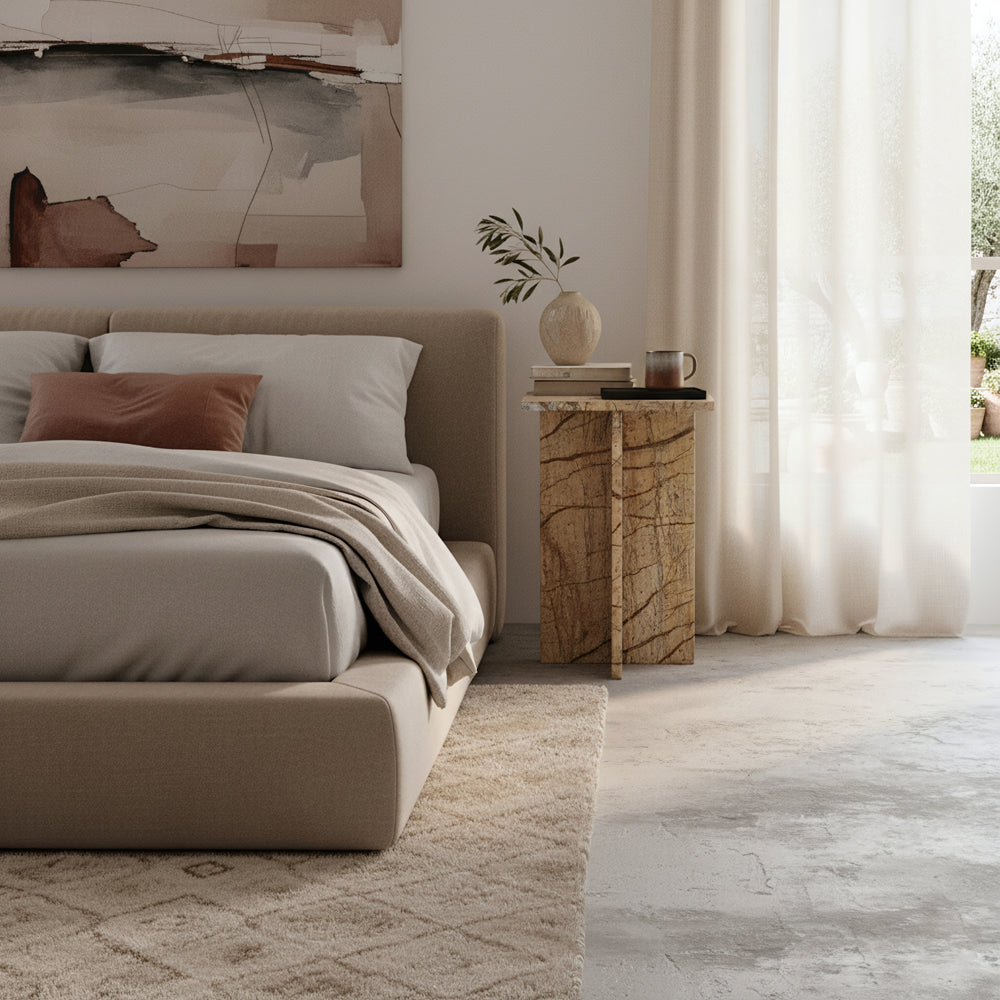Kayu Living Seoel Bizar square marble side table with unique veining and cross base in a modern bedroom setting.