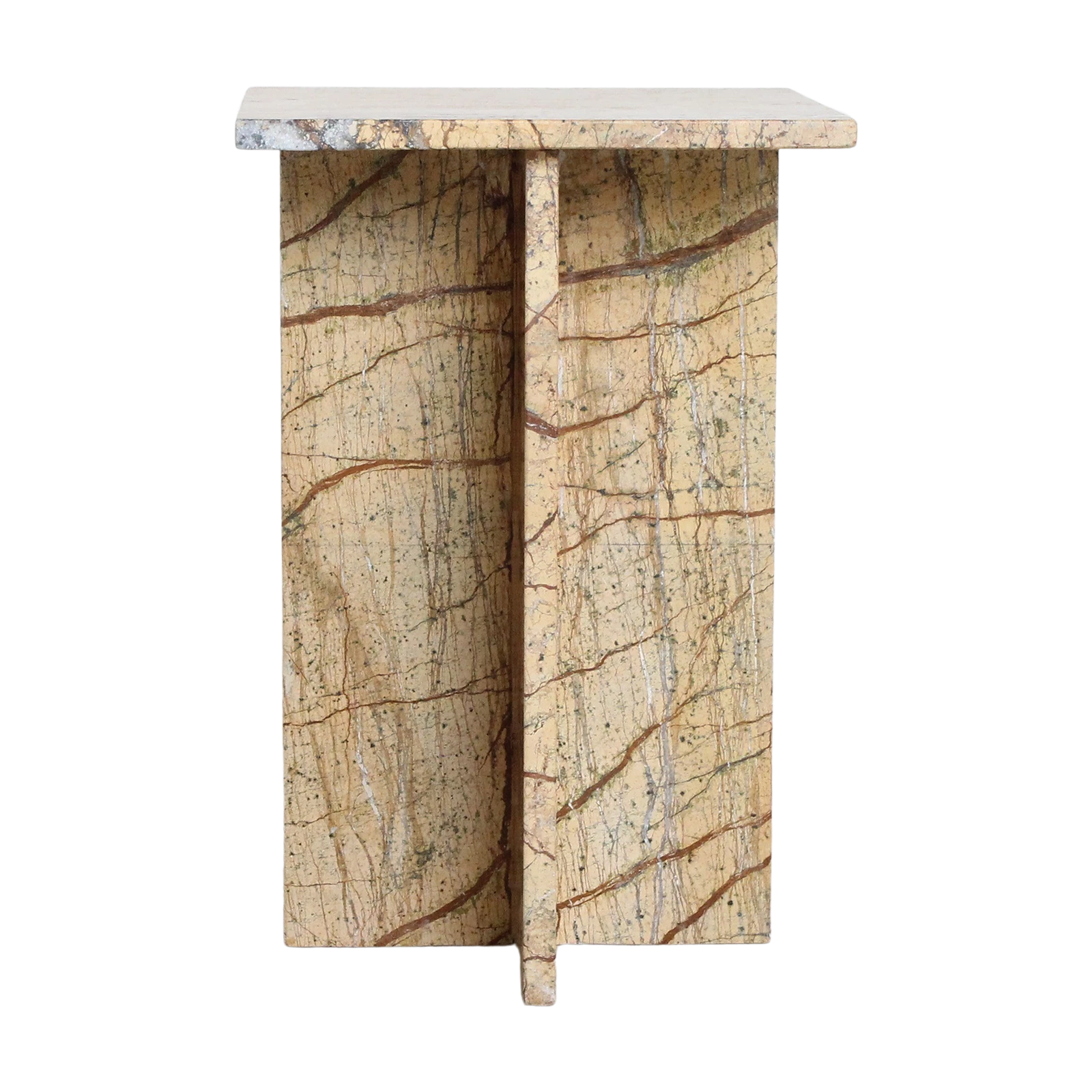 Kayu Living Seoel Bizar square side table in warm-toned marble with a unique cross base design.