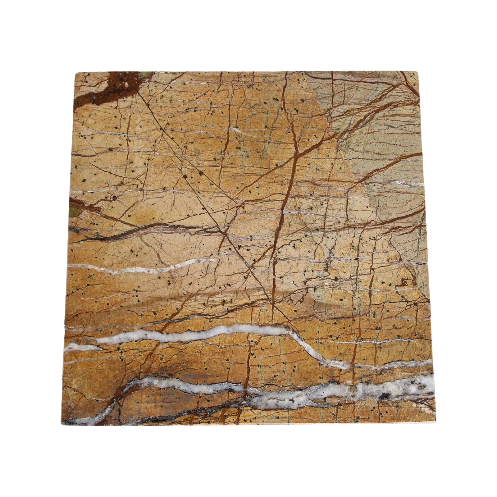 Kayu Living Seoel Bizar square side table featuring warm-toned marble with unique natural veining and cross base
