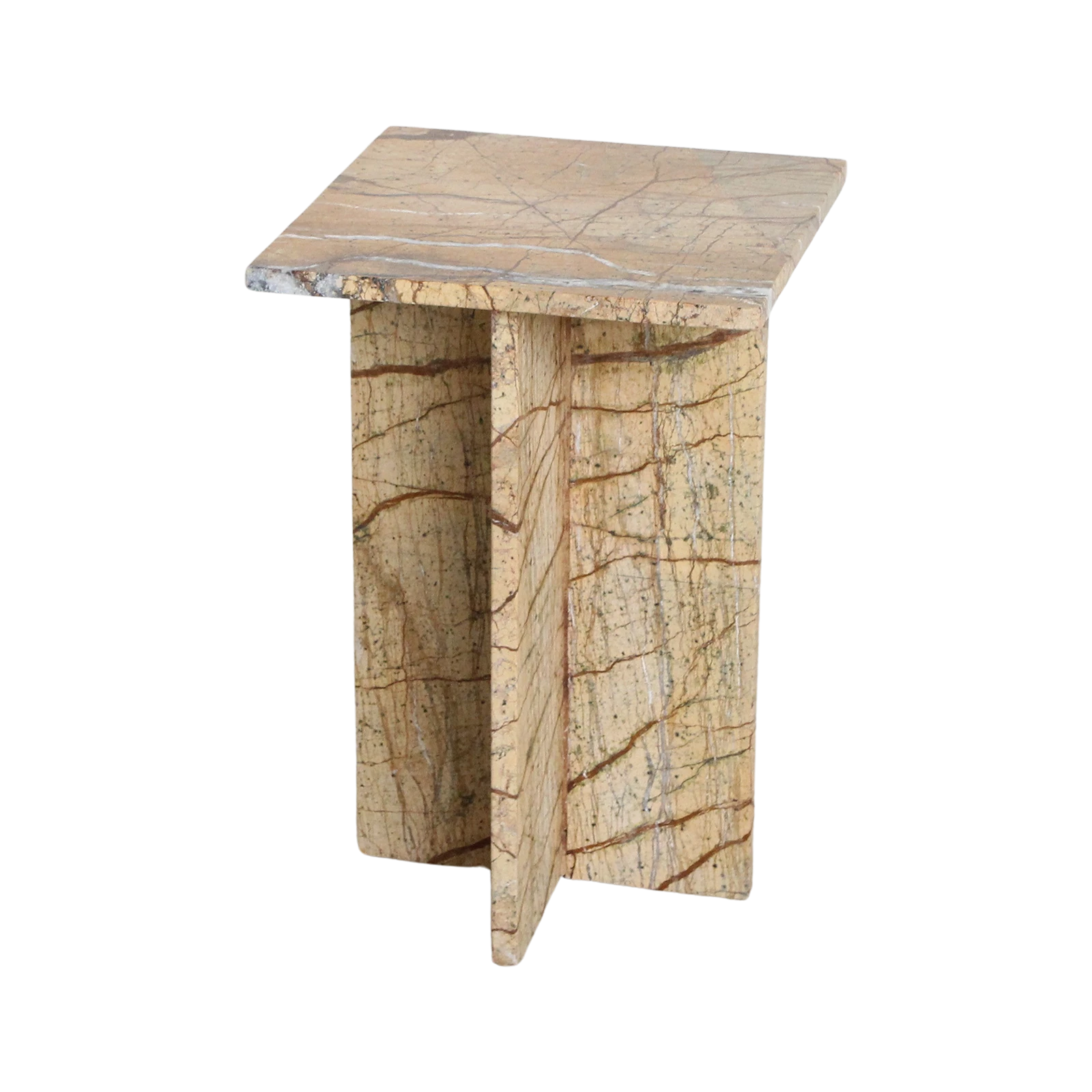 Kayu Living Seoel Bizar square side table in warm-toned marble with a unique cross base and natural veining.