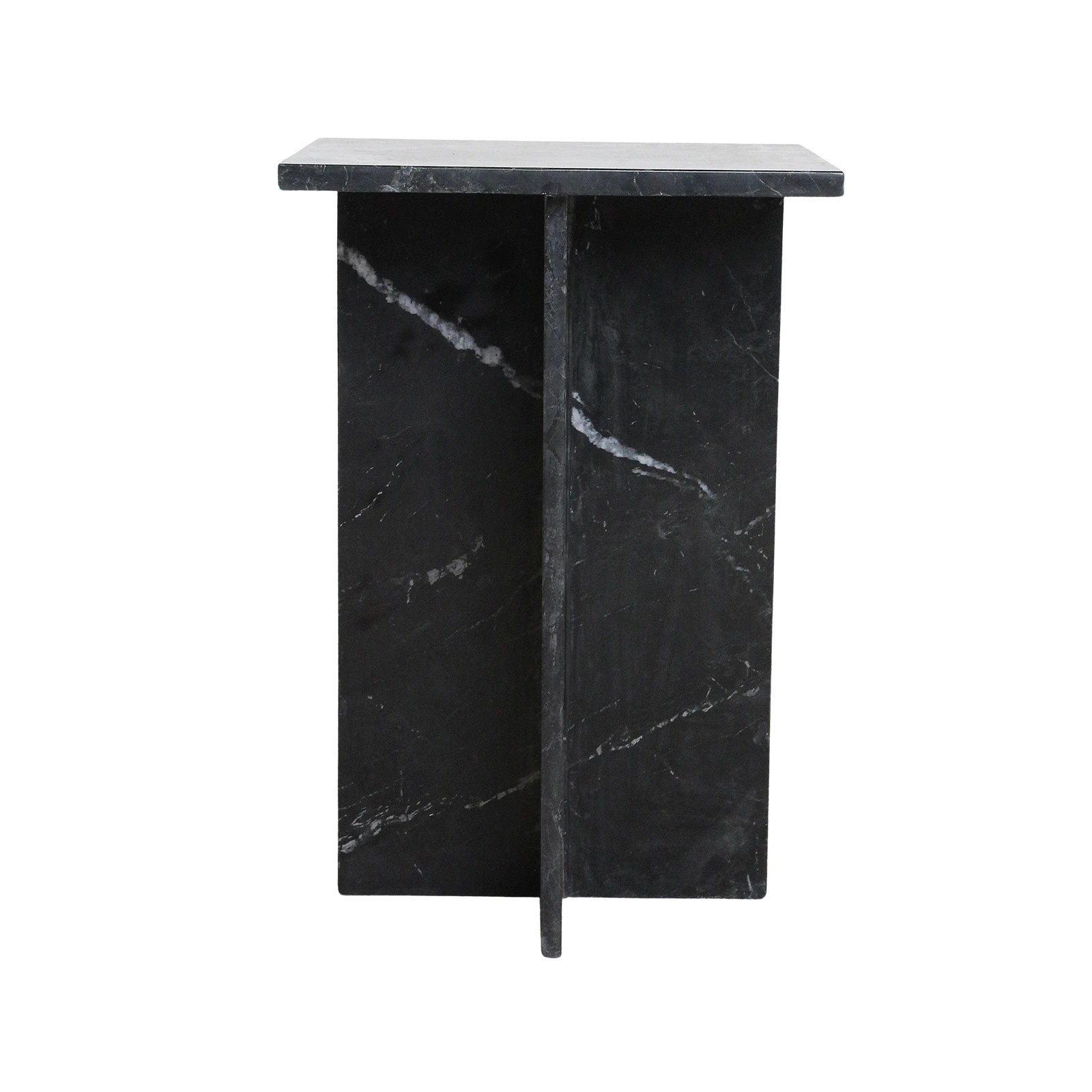Kayu Living Shanghai black marble side table with a unique white veined pattern and a modern crossed plate design.