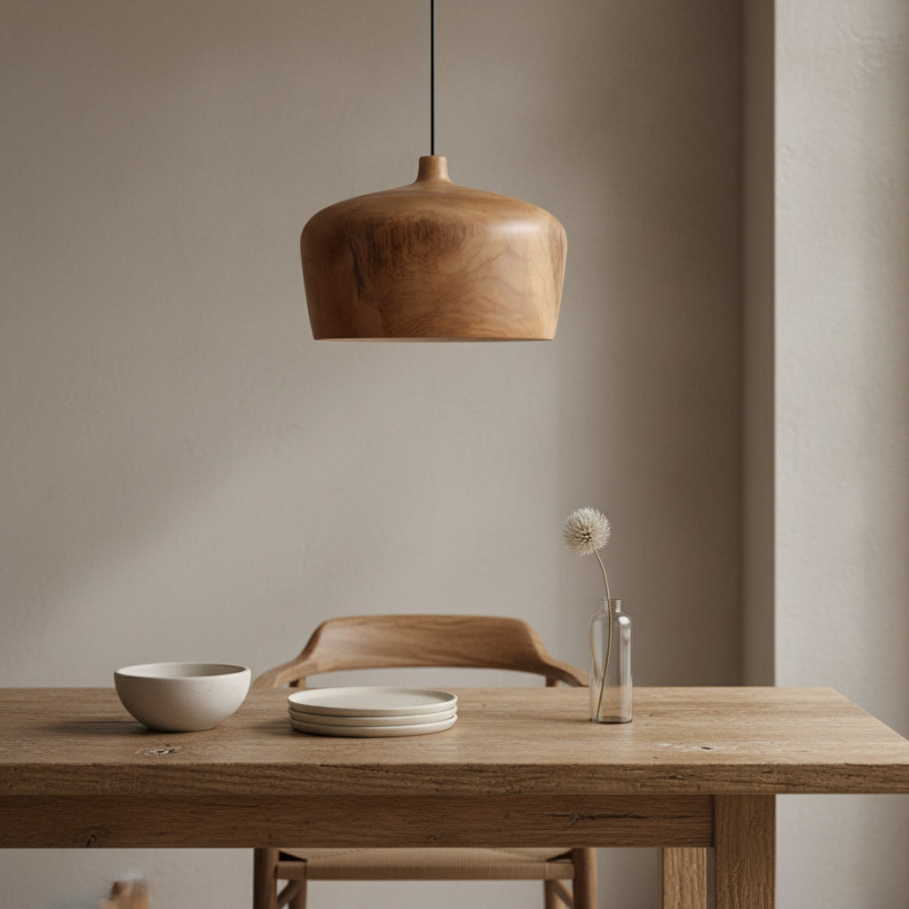 Kayu Living Sirocco dome pendant lamp in natural teak wood hanging above a rustic wooden dining table.