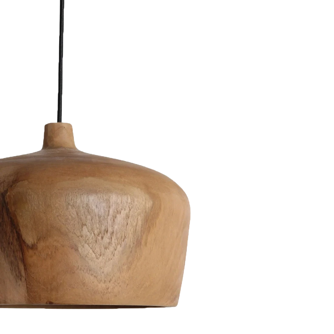 Kayu Living Sirocco dome-shaped teak pendant lamp with natural wood grain and a black cord against a white background.