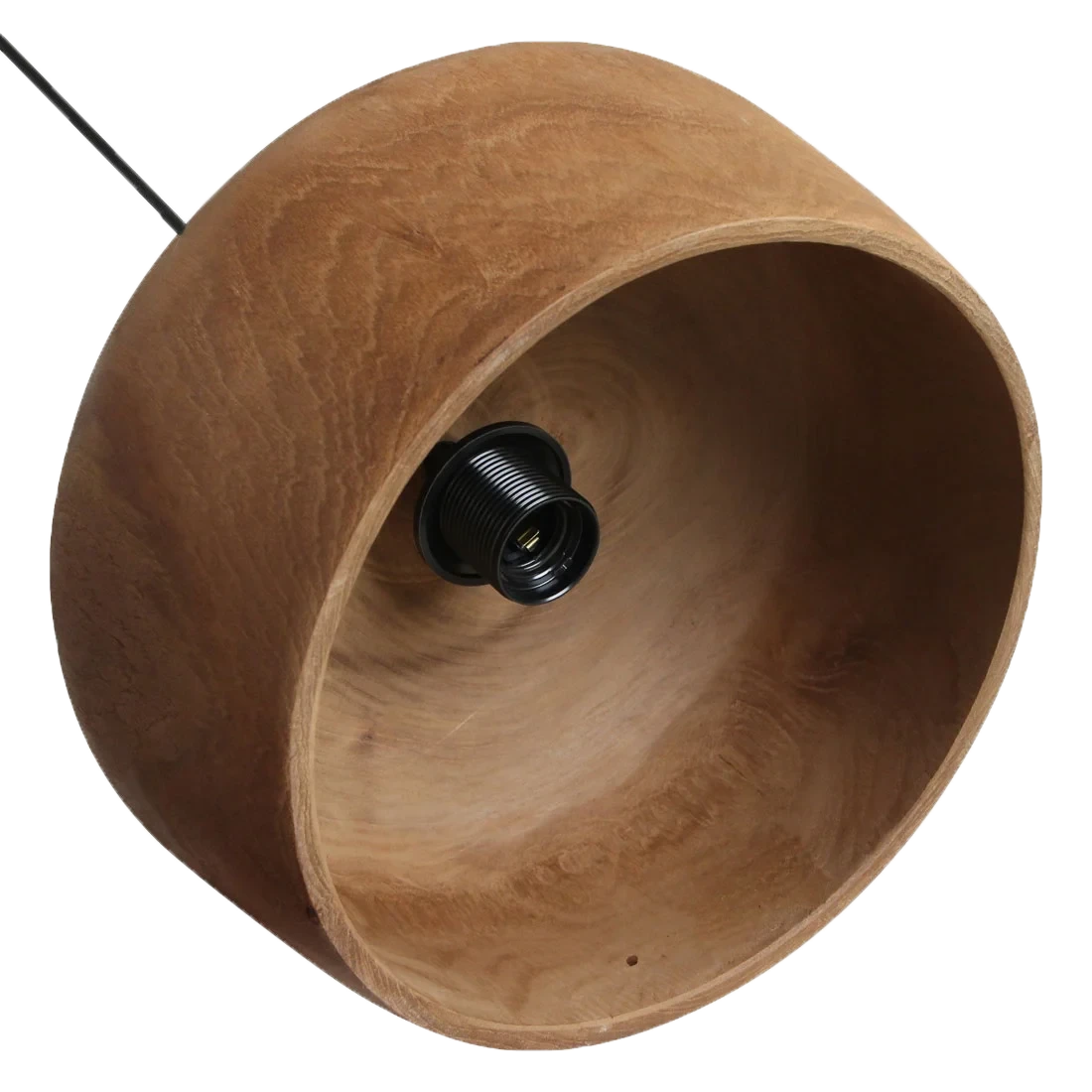 Kayu Living Sirocco dome pendant lamp made from natural Indonesian teak wood with a warm grain and black socket.