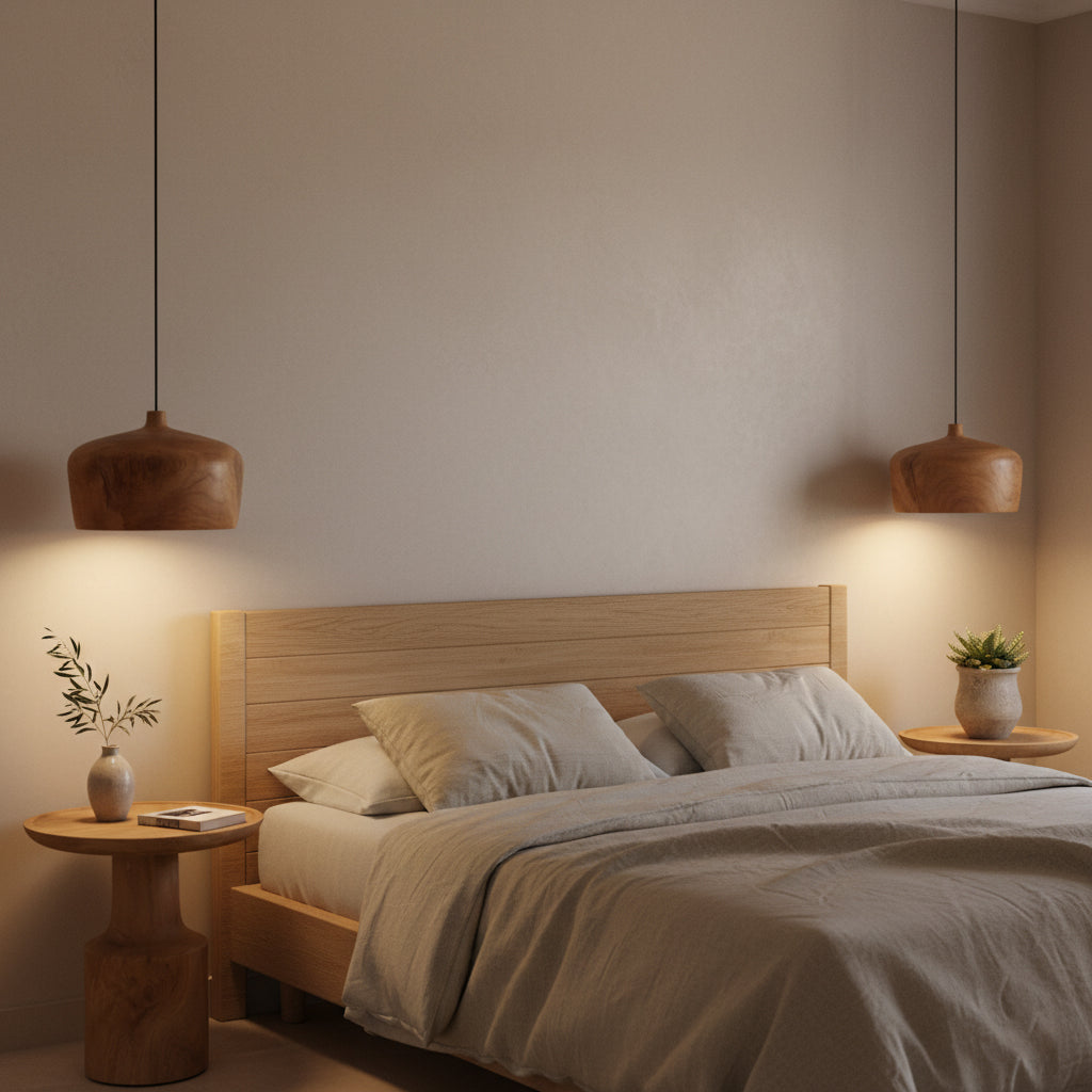 Kayu Living Sirocco teak dome pendant lamps hanging over a modern bedroom with wooden bed and side tables