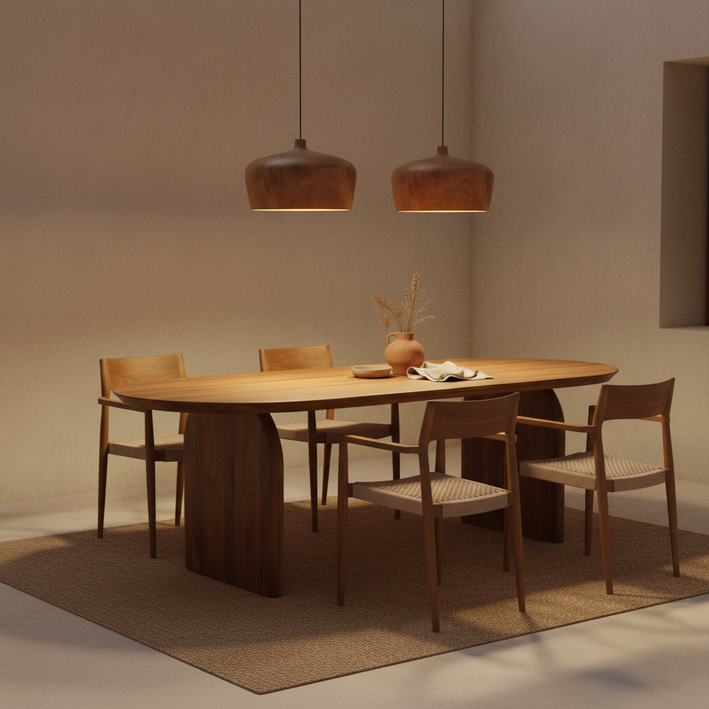 Kayu Living Sirocco teak dome pendant lamps hanging over a modern wooden dining table with chairs in a warm room