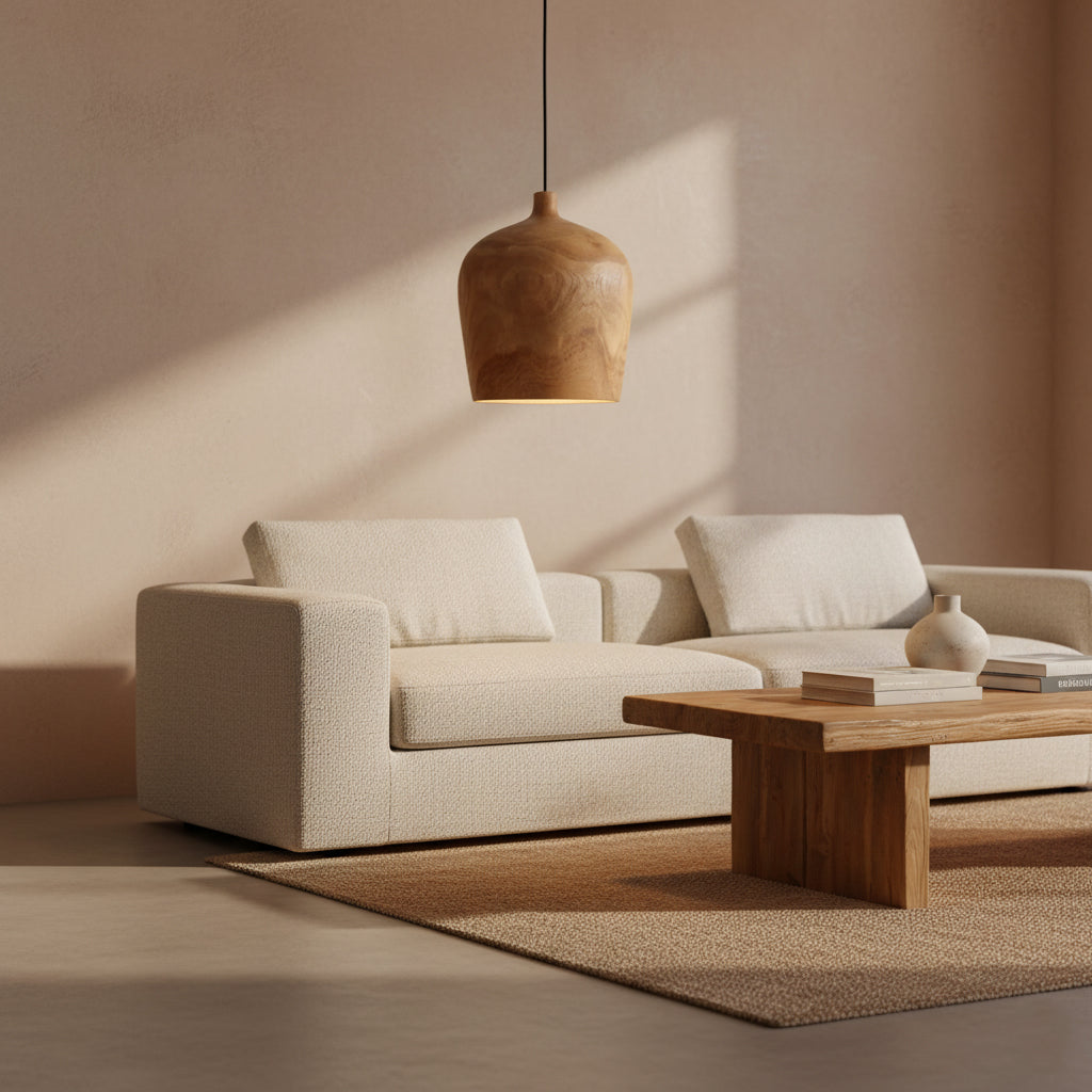 Kayu Living Sirocco Bottle pendant lamp in solid teak wood hanging over a modern cream sofa and wooden coffee table.