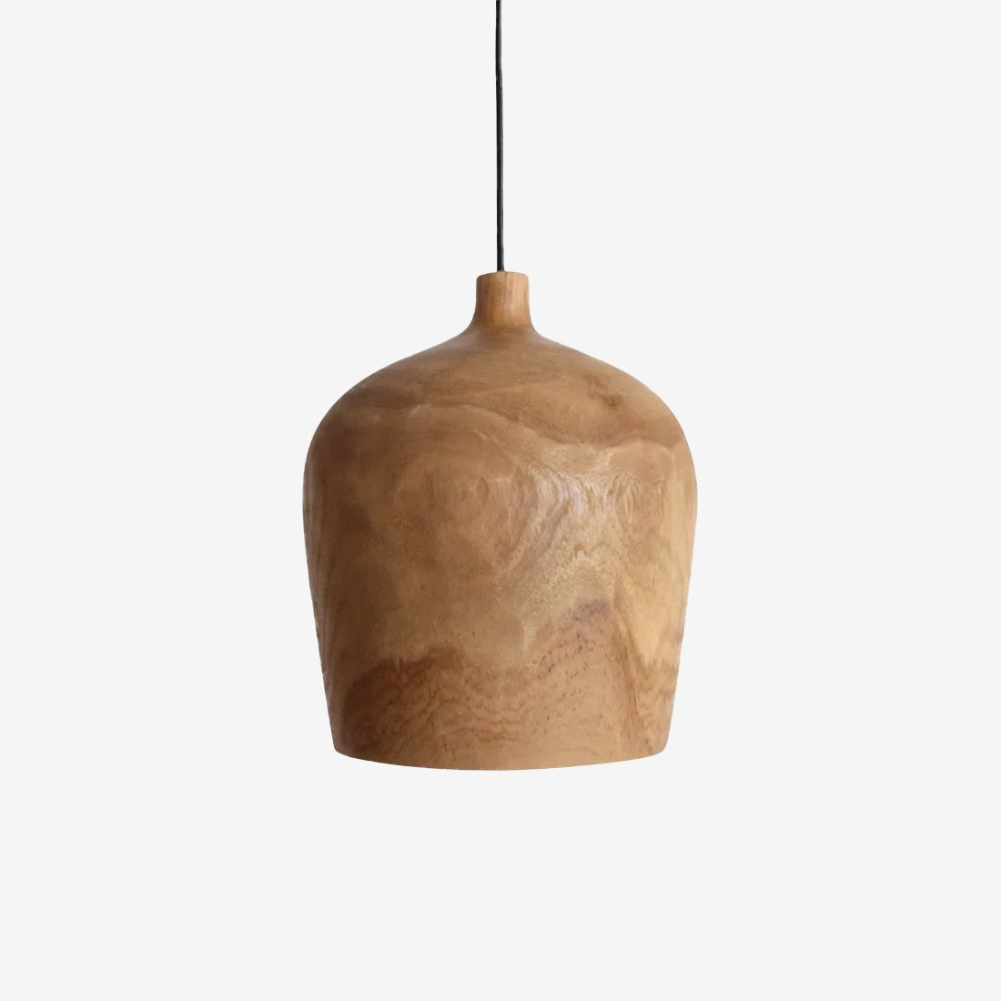 Kayu Living Sirocco bottle-shaped pendant lamp crafted from solid Indonesian teak wood with visible natural grain.
