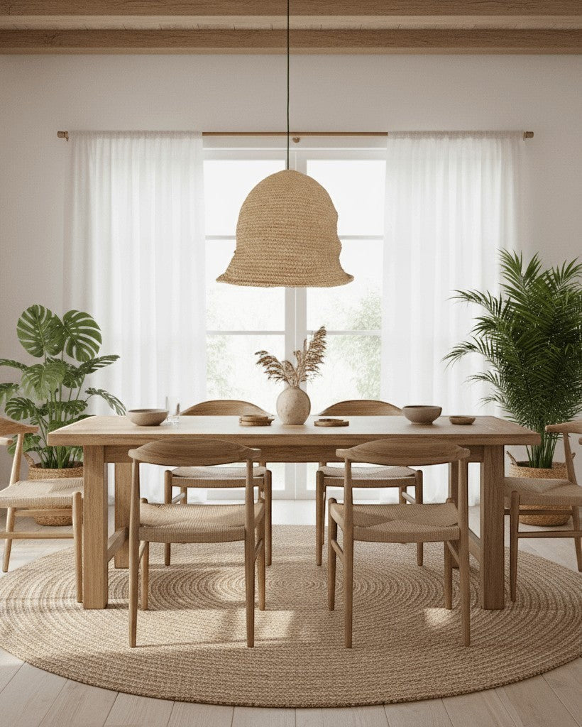 Kayu Living Santi pendant lamp, handwoven natural sisal, bell shape, warm tone, adds cozy vibe to dining room.