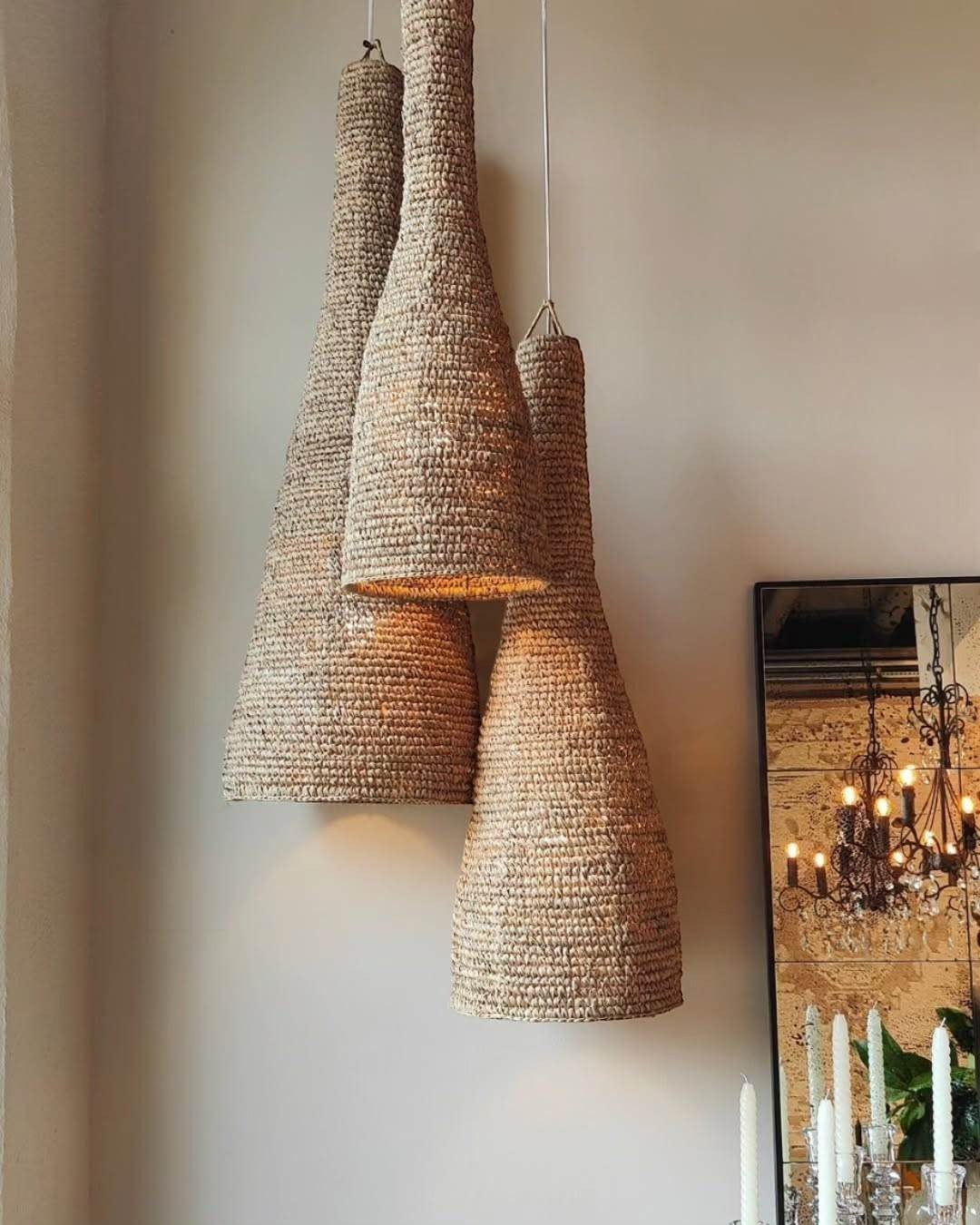 Kayu Living natural sisal pendant lampshade, wasp house shape, available in multiple sizes, adds rustic elegance.