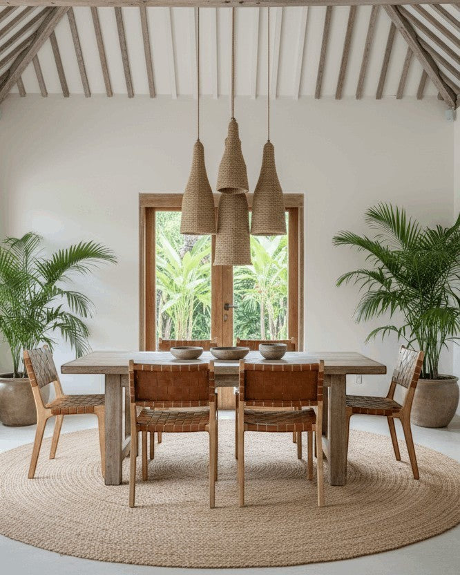 Kayu Living natural sisal pendant lampshade, wasp house design, in a dining room setting.