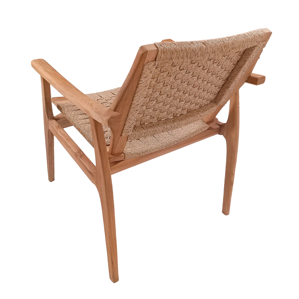 Kayu Living Stacking Silla chair in natural teak wood with a woven rattan seat and backrest, rear angle view.