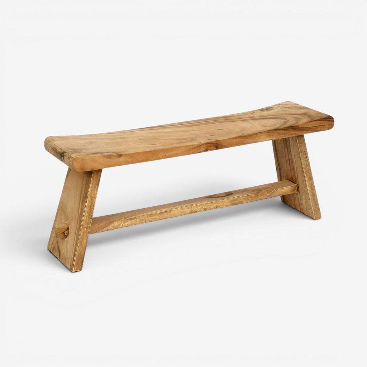 Kayu Living 120 cm handmade Suar wood bench with natural grain and minimalist design for indoor or outdoor use.