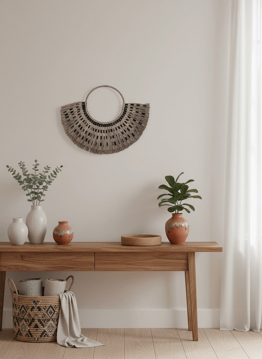Kayu Living Sumba Natural woven wall decoration, beige with black details, fan shape with circular handle.
