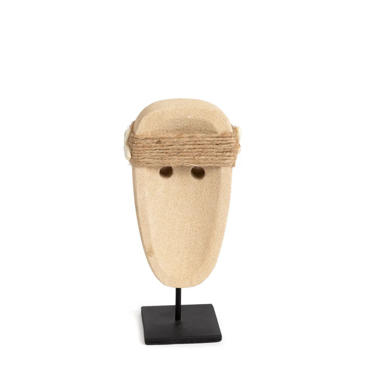 Kayu Living hand-carved sandstone Sumba stone figure with shell and twine detail on a black metal stand