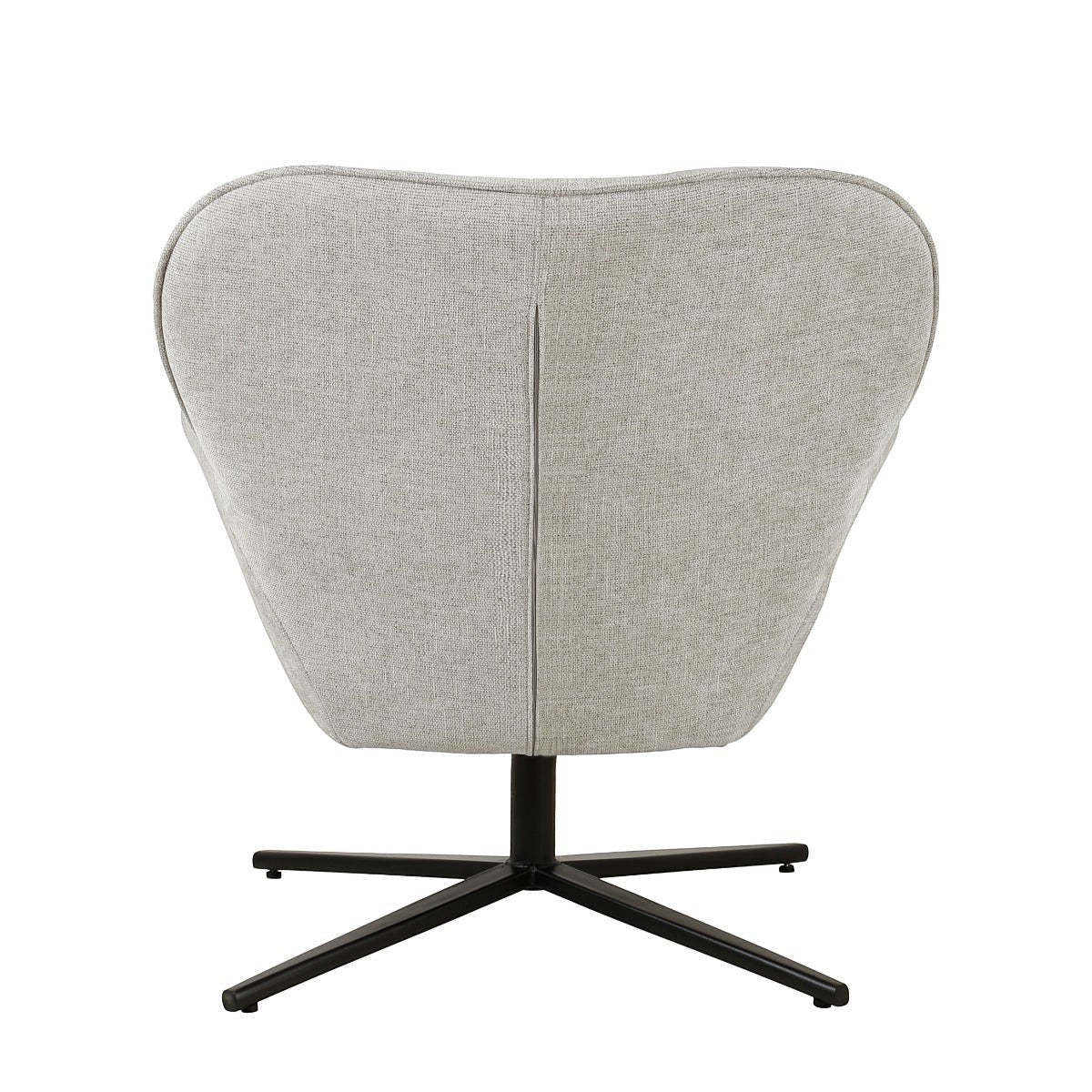 Kayu Living Sven Bisque swivel armchair in light grey fabric with a black metal cross base, back view.