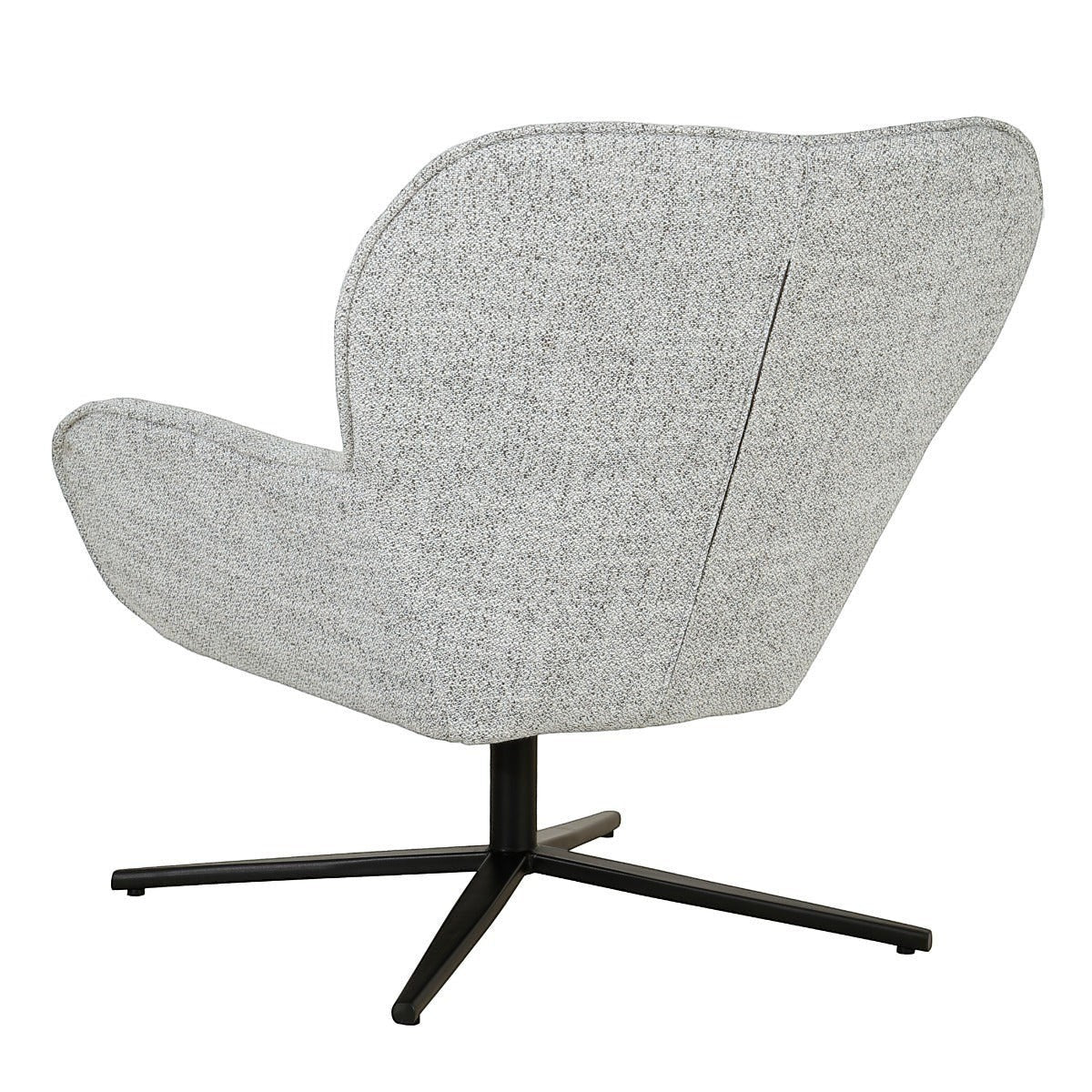 Kayu Living Sven Bisque swivel armchair in textured light grey fabric with a black metal base, rear view