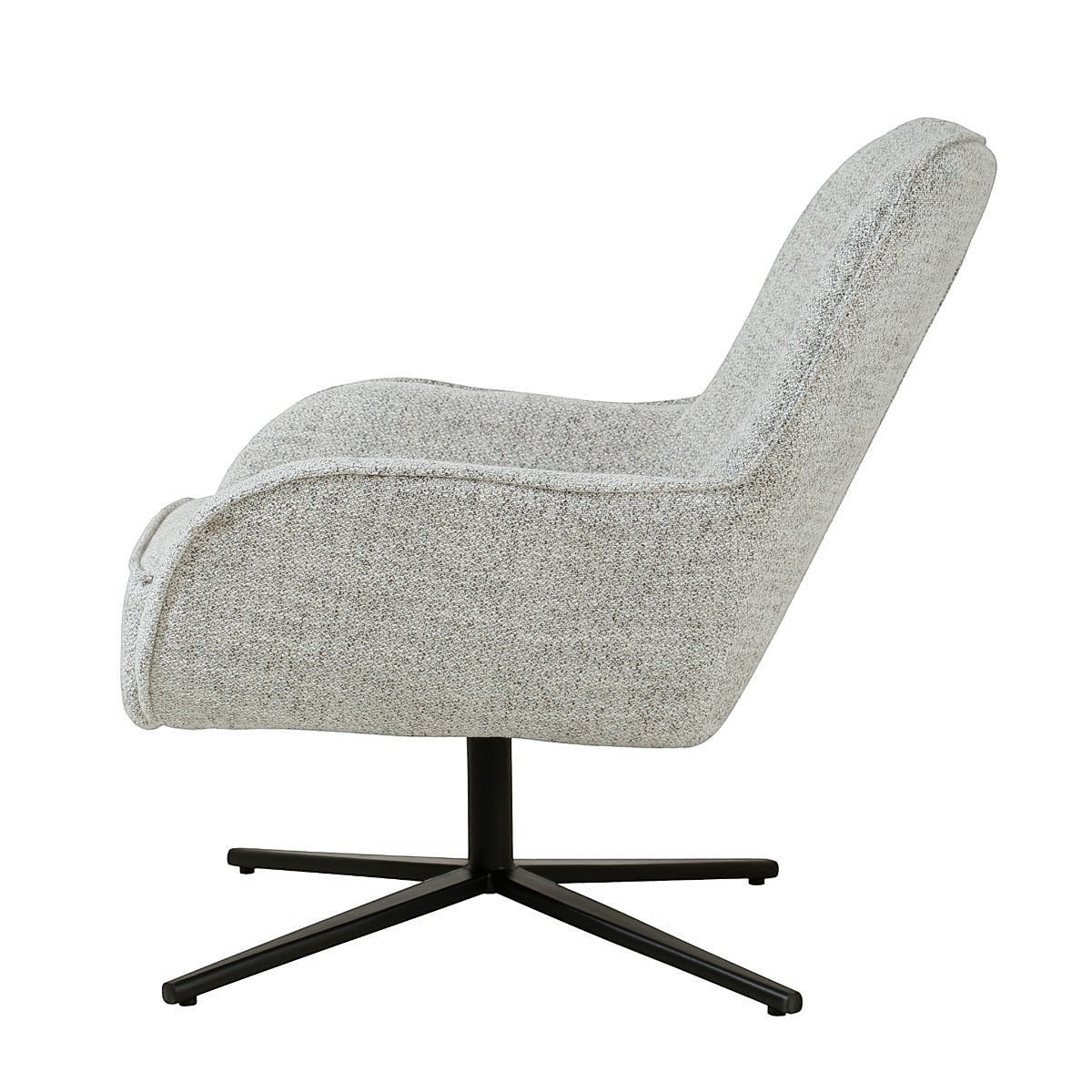 Kayu Living Sven bisque swivel armchair with a textured fabric seat and a sleek black metal cross base, side view.