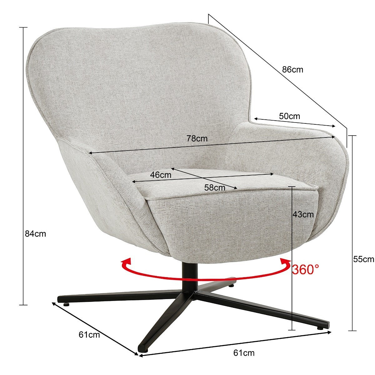Kayu Living Sven Bisque swivel armchair in toffee fabric with black metal base and detailed dimension measurements.