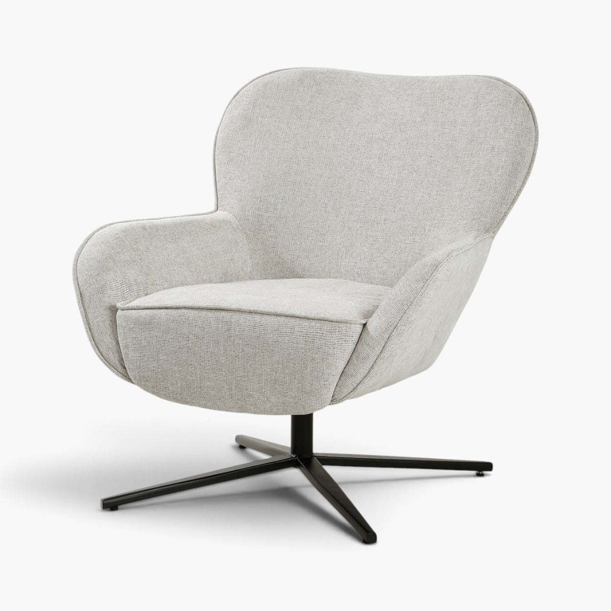 Kayu Living Sven Bisque swivel armchair in toffee fabric with a sculptural silhouette and black metal base.