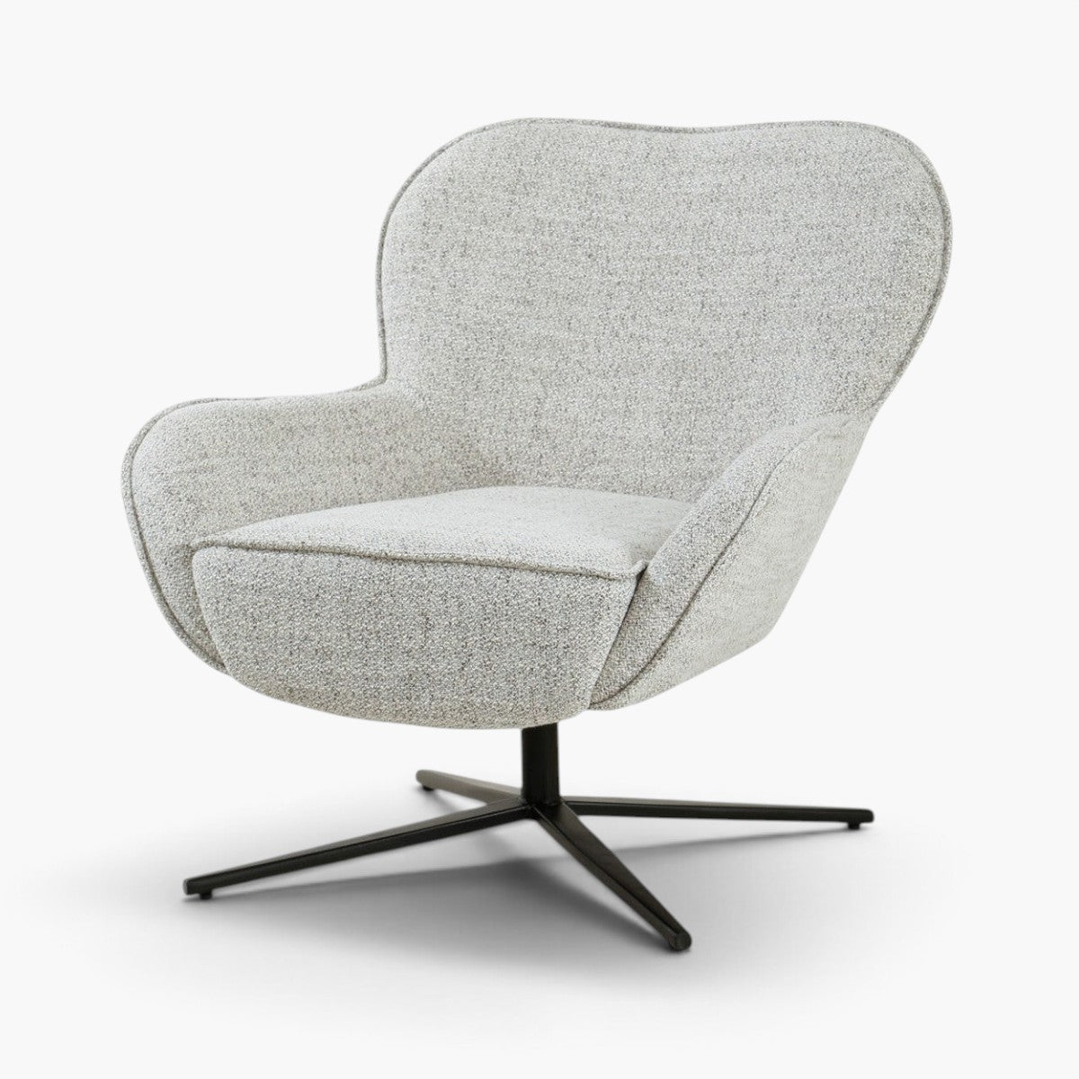 Kayu Living Sven Bisque swivel armchair in textured light grey fabric with a modern black metal cross base.