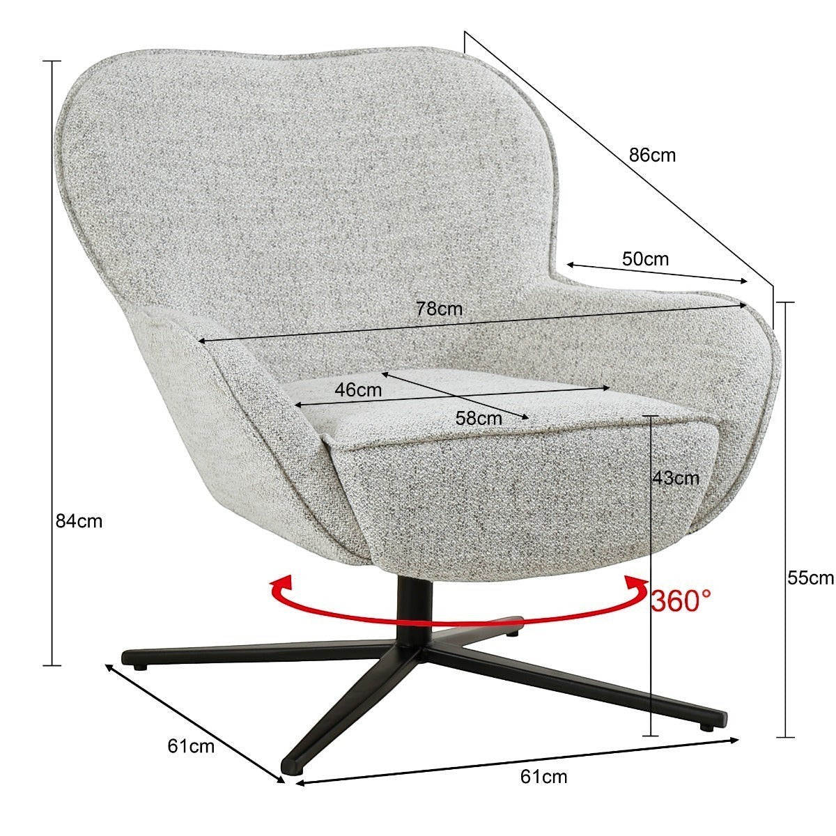 Kayu Living Sven Bisque swivel armchair with textured fabric, sculptural silhouette, and black metal base.