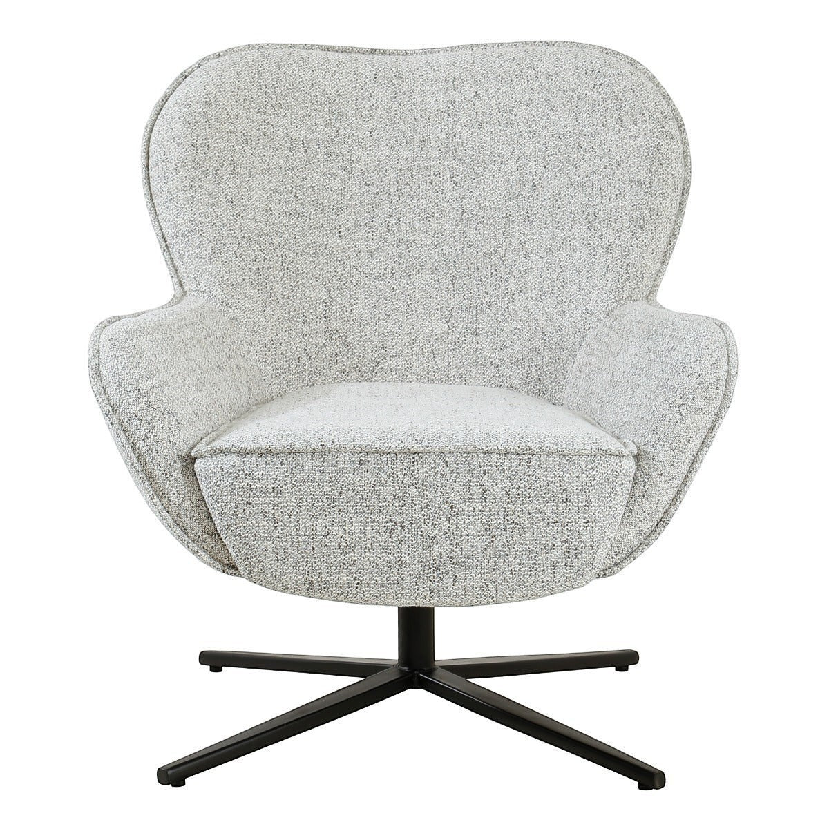 Kayu Living Sven Bisque swivel armchair with a sculptural silhouette and textured light grey fabric on a black base.