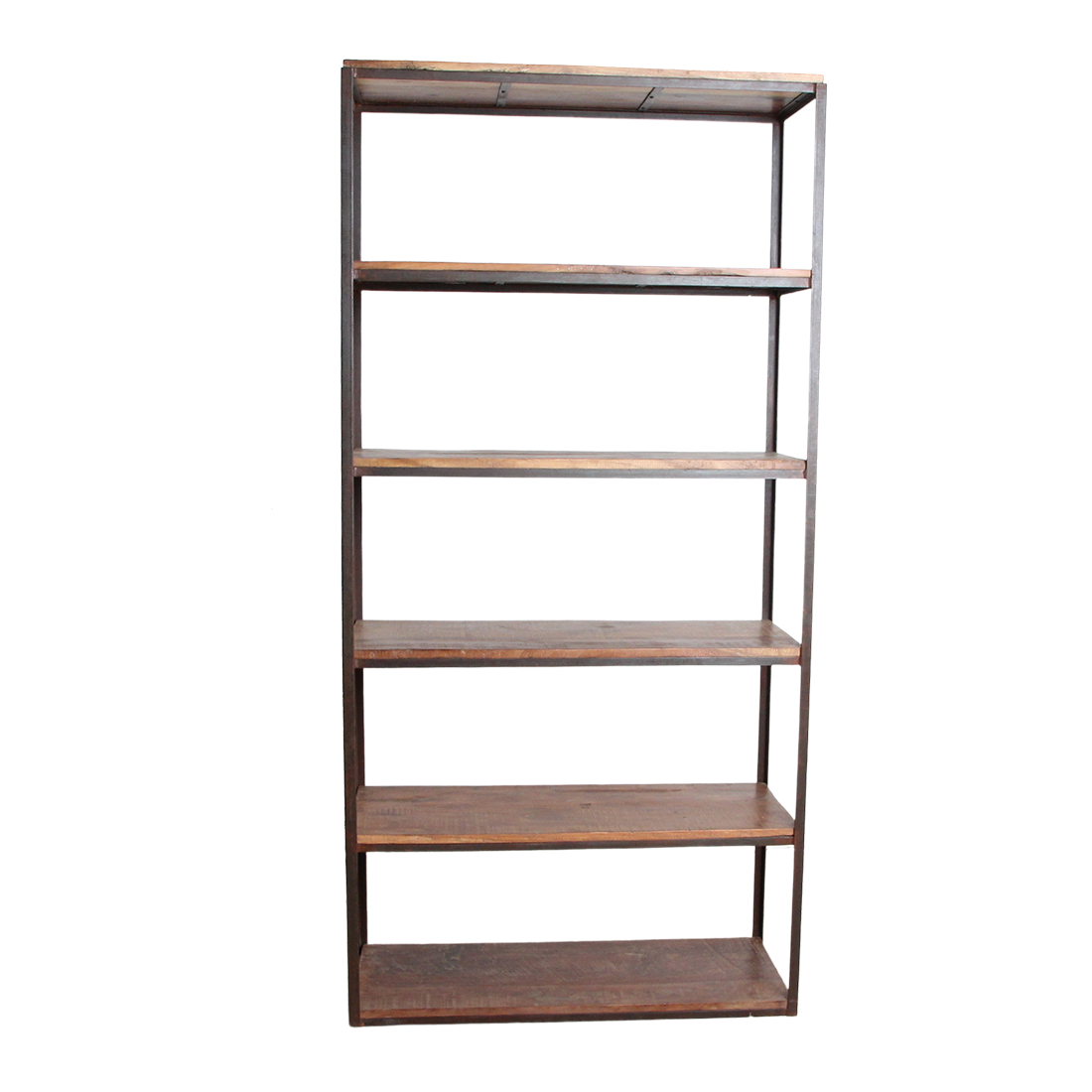 Kayu Living tall industrial shelving unit with six brown reclaimed FSC wooden shelves and a sturdy black iron frame.