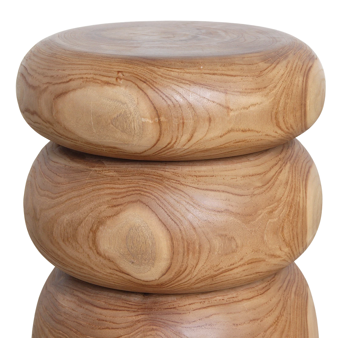 Kayu Living Tao side table made of solid beige teak wood with a smooth, rounded, river stone-inspired design.