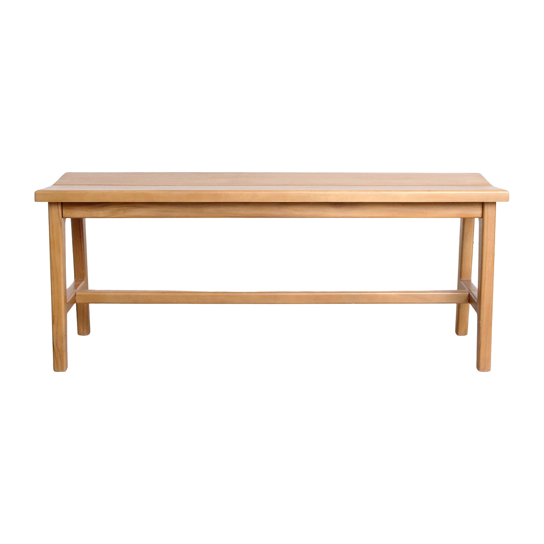 Kayu Living sustainably sourced teak bench with a natural wood finish, suitable for indoor or outdoor use.