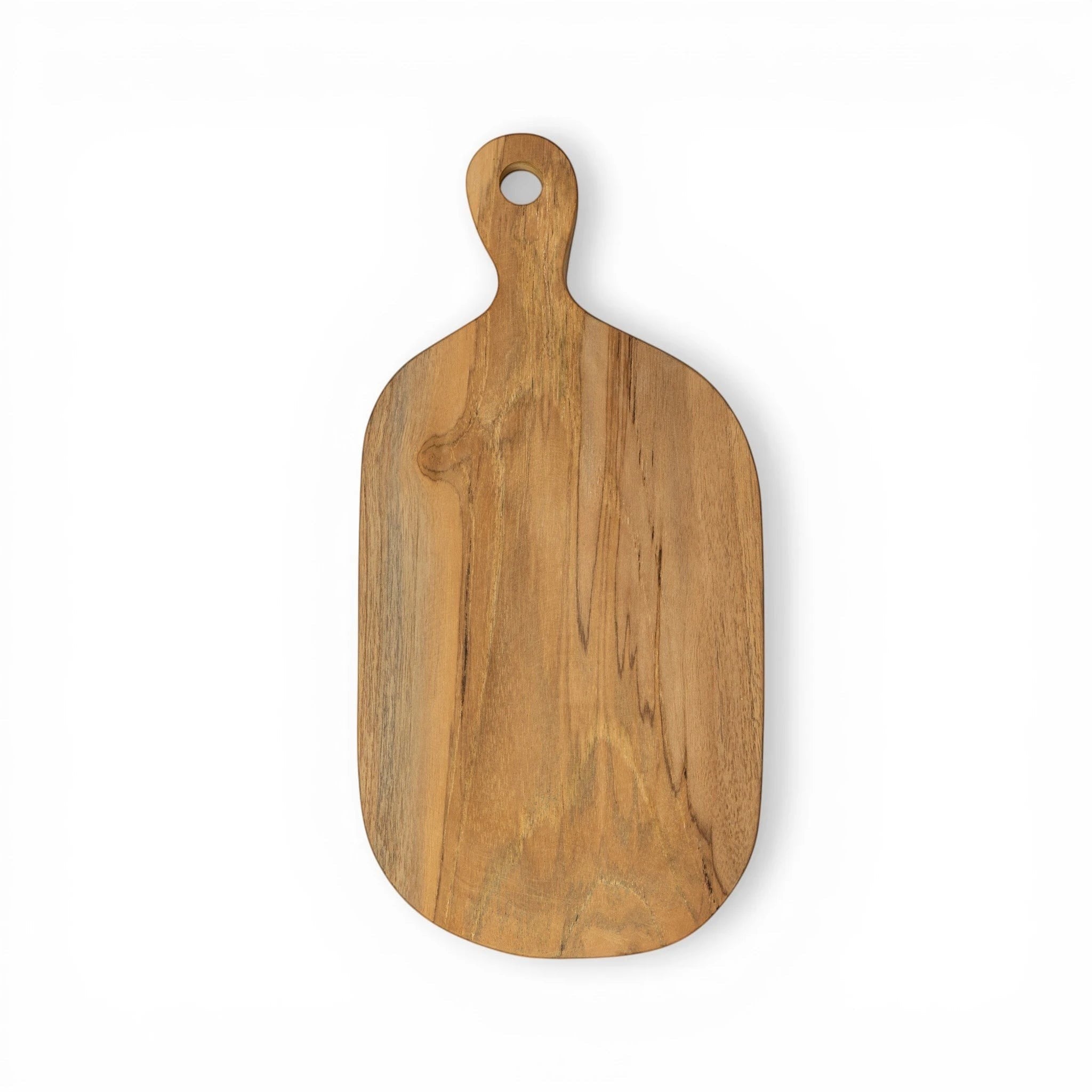 Kayu Living handcrafted teak wood cutting board with handle and hanging hole. Natural wood grain.