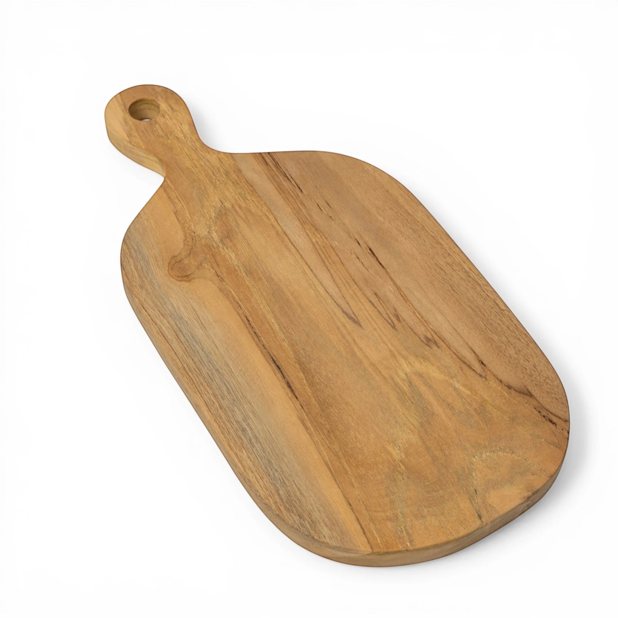 Kayu Living handcrafted teak wood cutting board with handle and hole. Natural wood grain, smooth finish, food-safe.