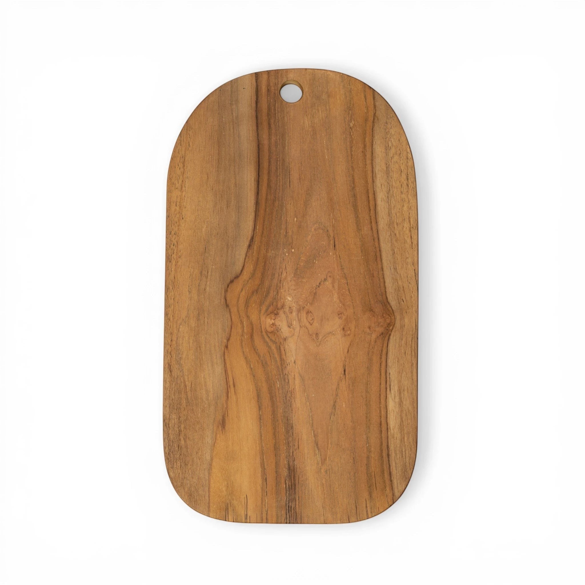 Kayu Living handcrafted teak wood cutting board with a smooth, food-safe finish and hanging hole.