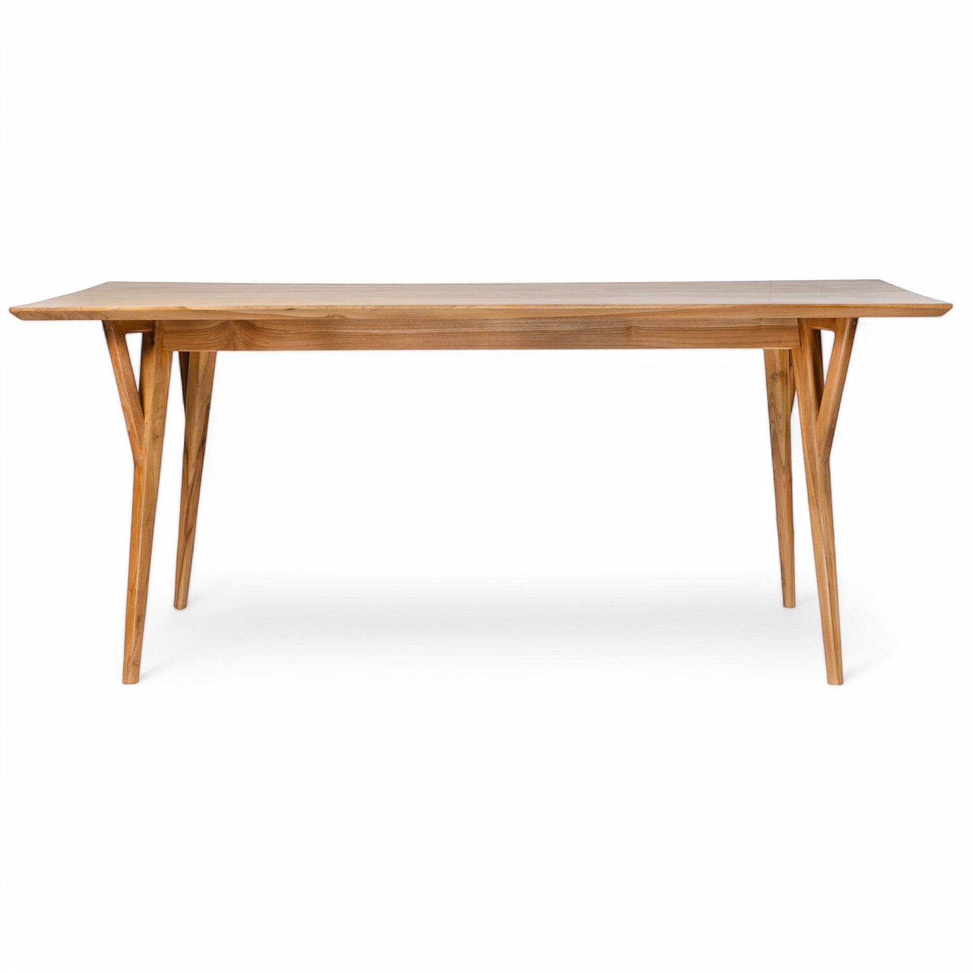 Kayu Living Berawa teak dining table 180x100 cm with unique grain patterns and angled legs.